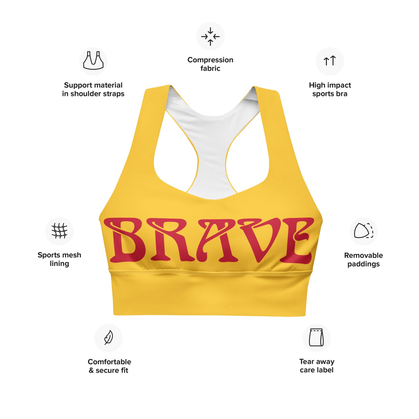 “BRAVE”Yellow Longline Sports Bra W/Red Font
