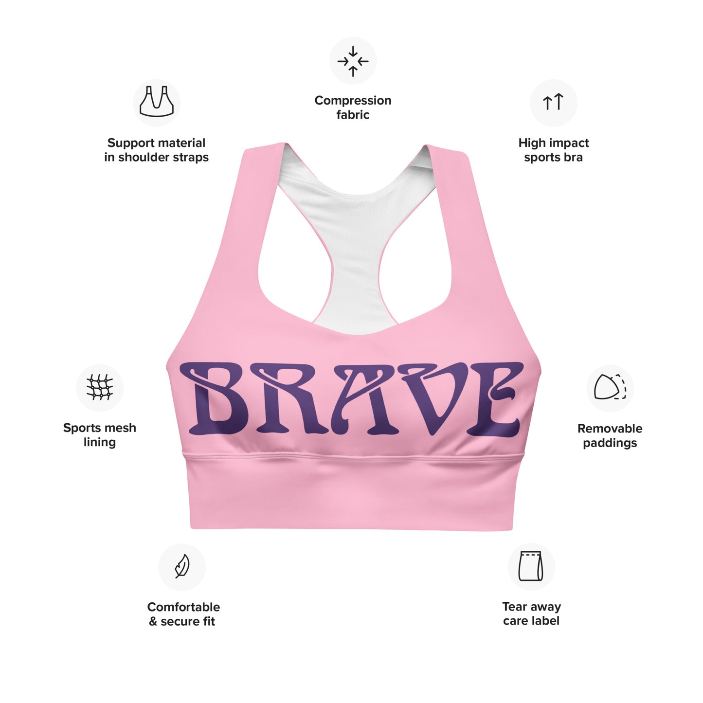 “BRAVE” Cotton Candy Longline Sports Bra W/Purple Font