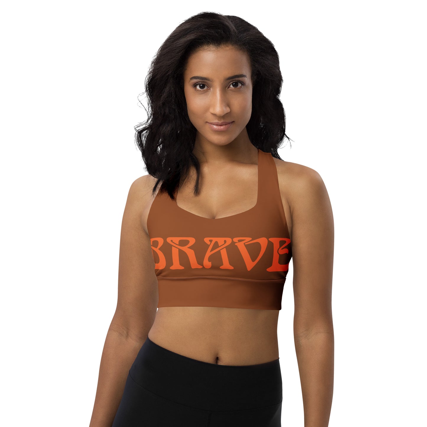 “BRAVE” Brown Longline Sports Bra W/Orange Font
