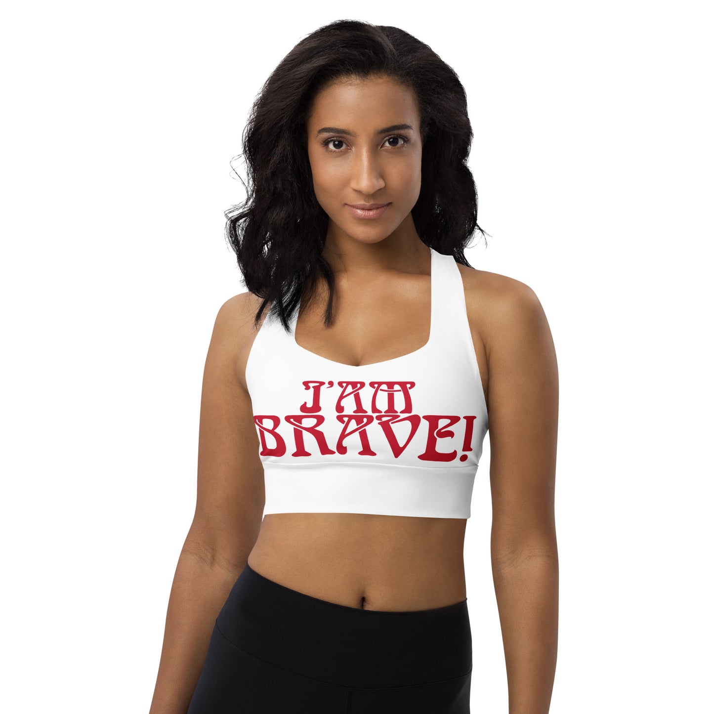 “I’AM BRAVE!” White Longline Sports Bra W/Red Font