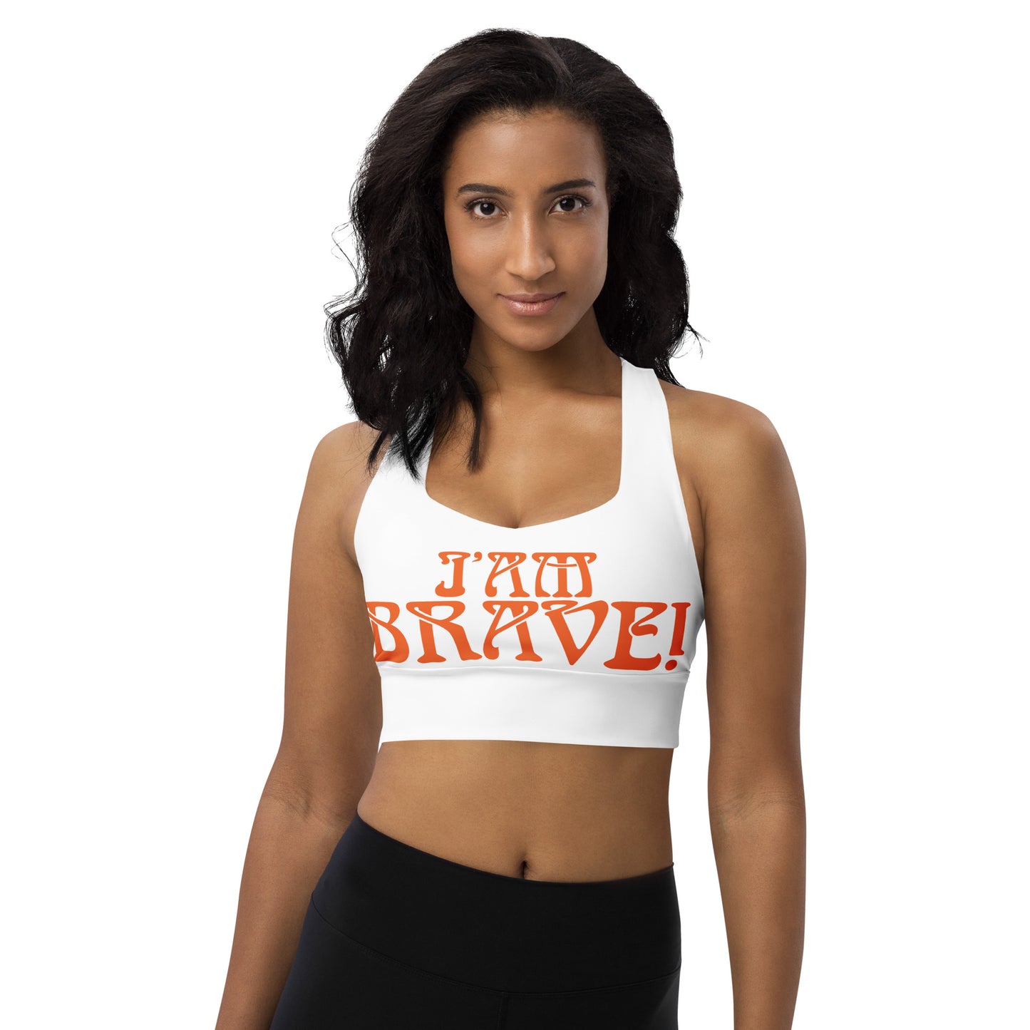 “I’AM BRAVE!” White Longline Sports Bra W/Orange Font
