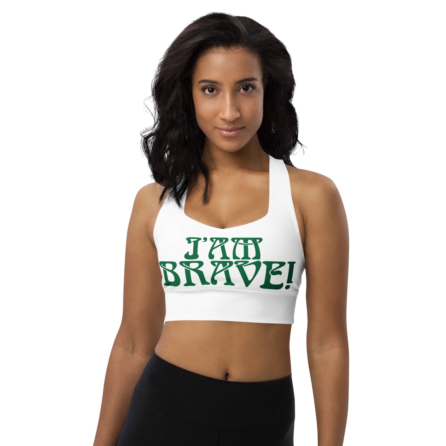 “I’AM BRAVE!” White Longline Sports Bra W/Green Font