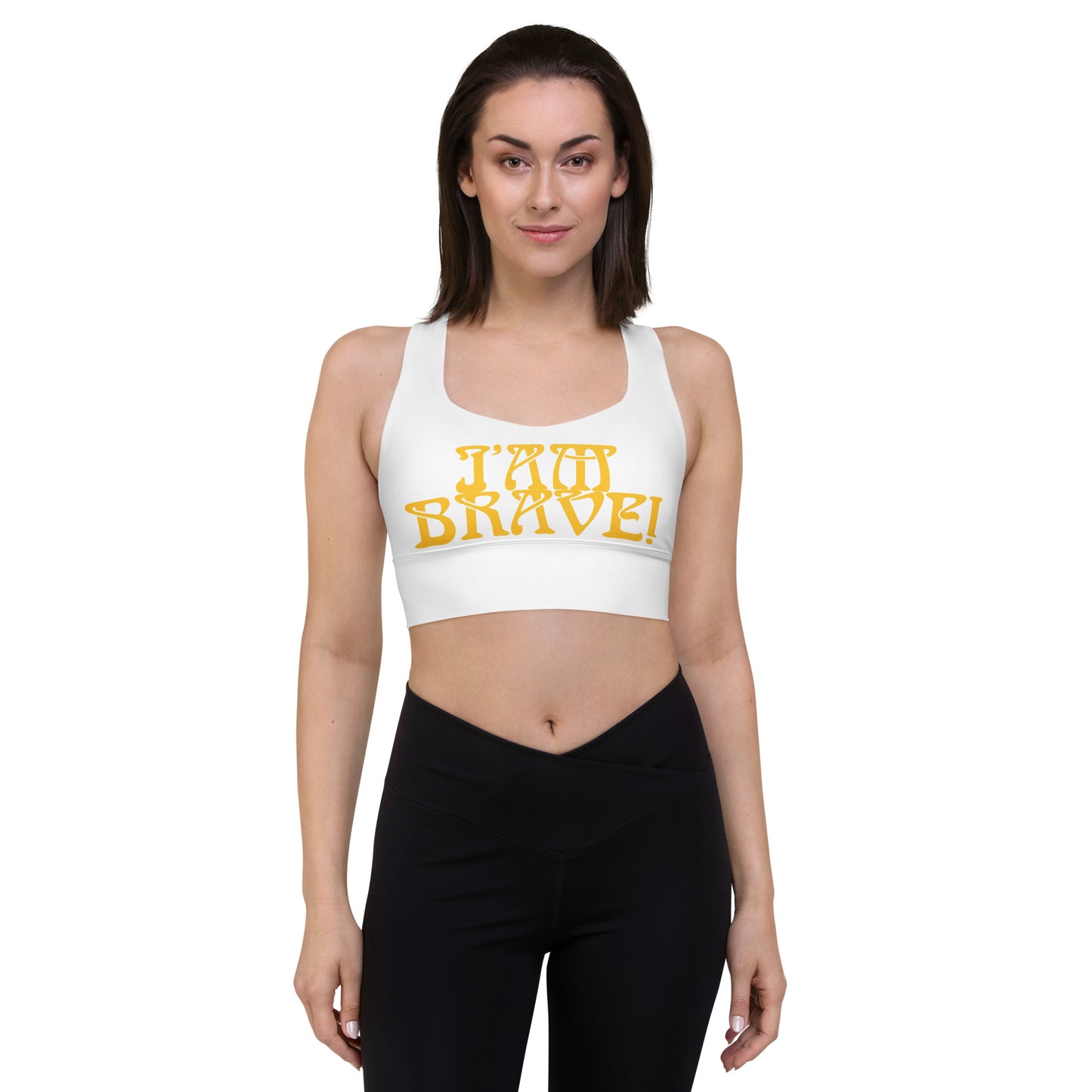 “I’AM BRAVE!” White Longline Sports Bra W/Yellow Font