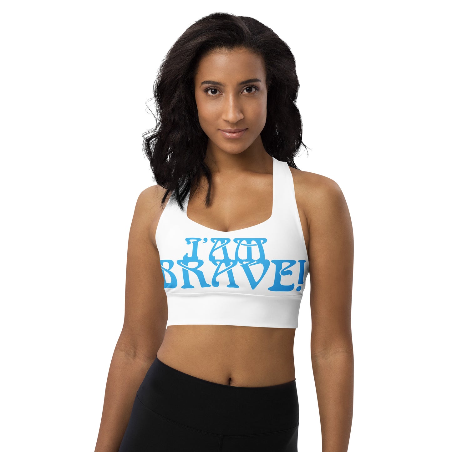 “I’AM BRAVE!” White Longline Sports Bra W/SkyBlue Font