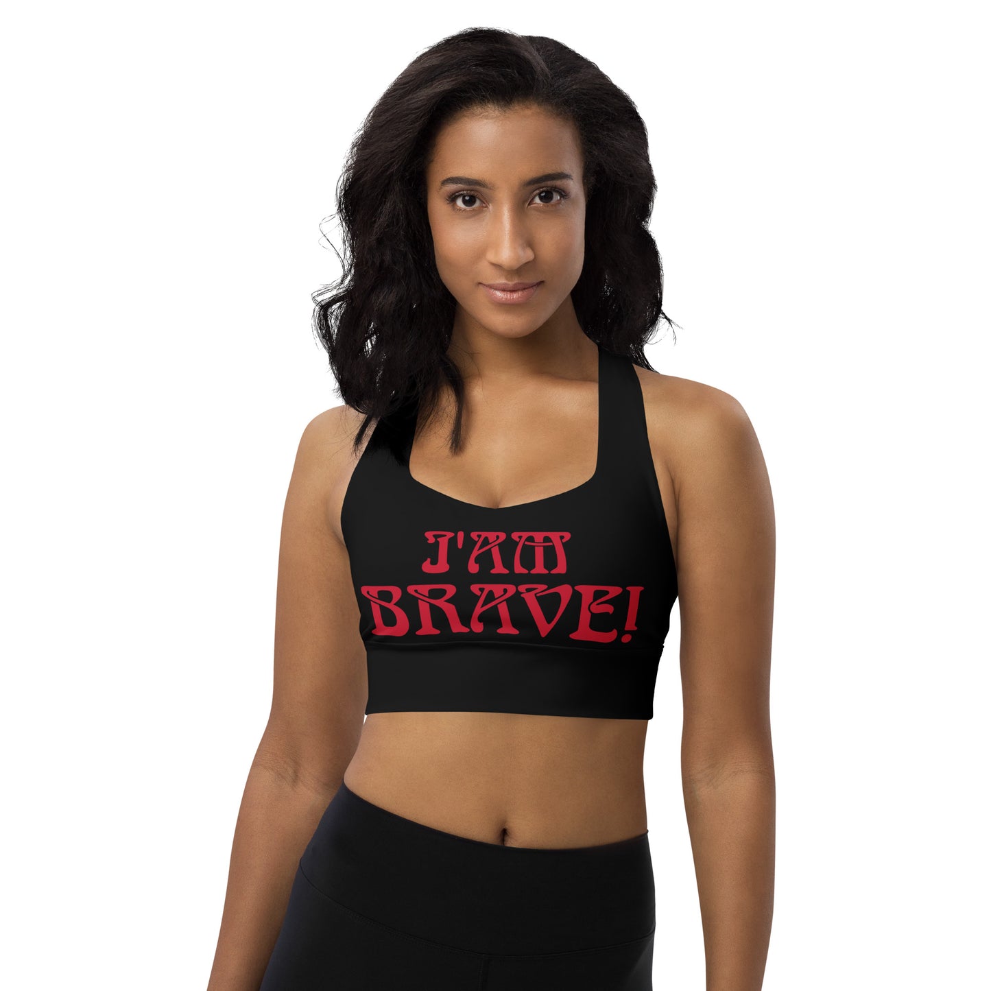 “I’AM BRAVE! Black Longline Sports Bra W/Red Font