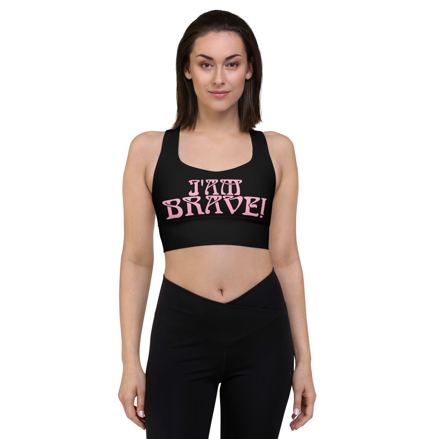 “I’AM BRAVE!” Black Longline Sports Bra W/Cotton Candy Font