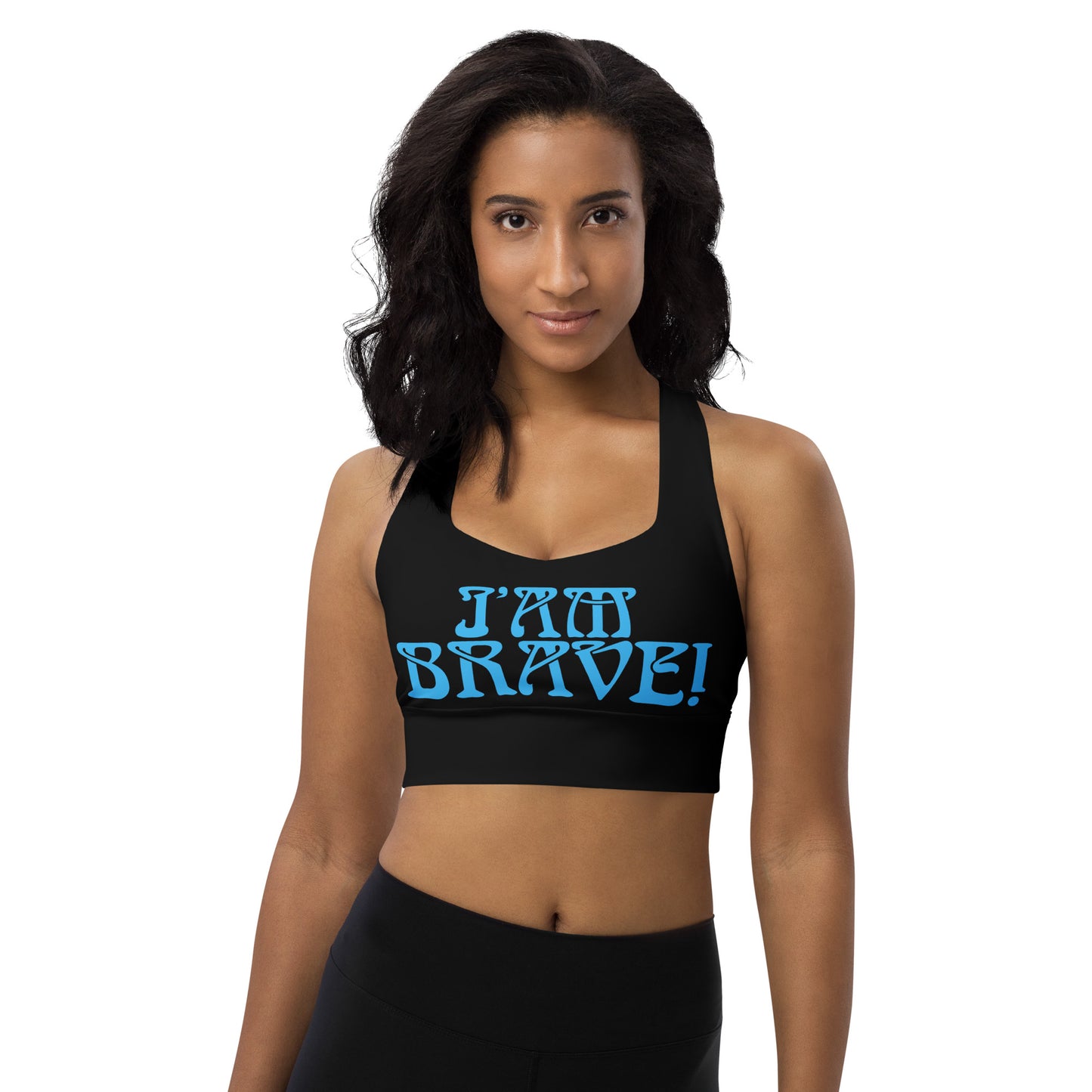 “I’AM BRAVE!” Black Longline Sports Bra W/SkyBlue Font