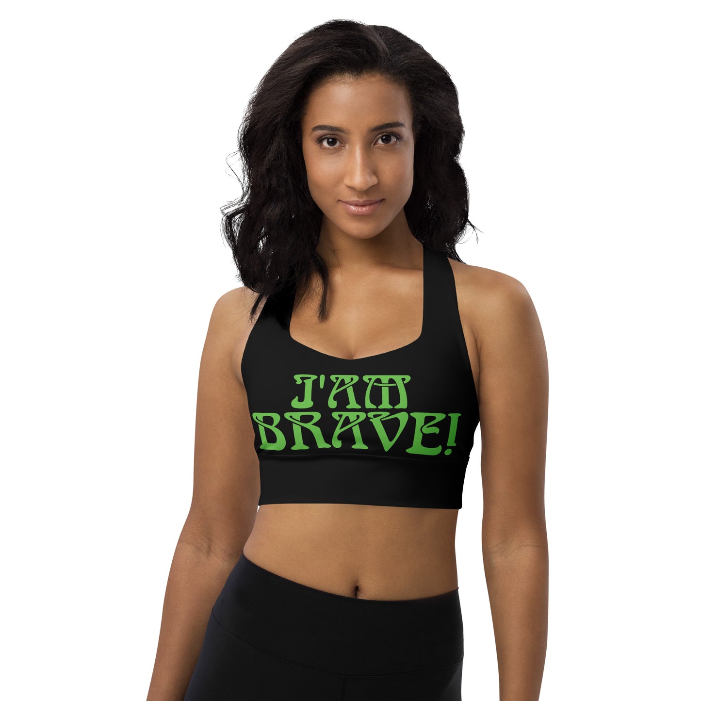 “I’AM BRAVE!” Black Longline Sports Bra W/Green Font
