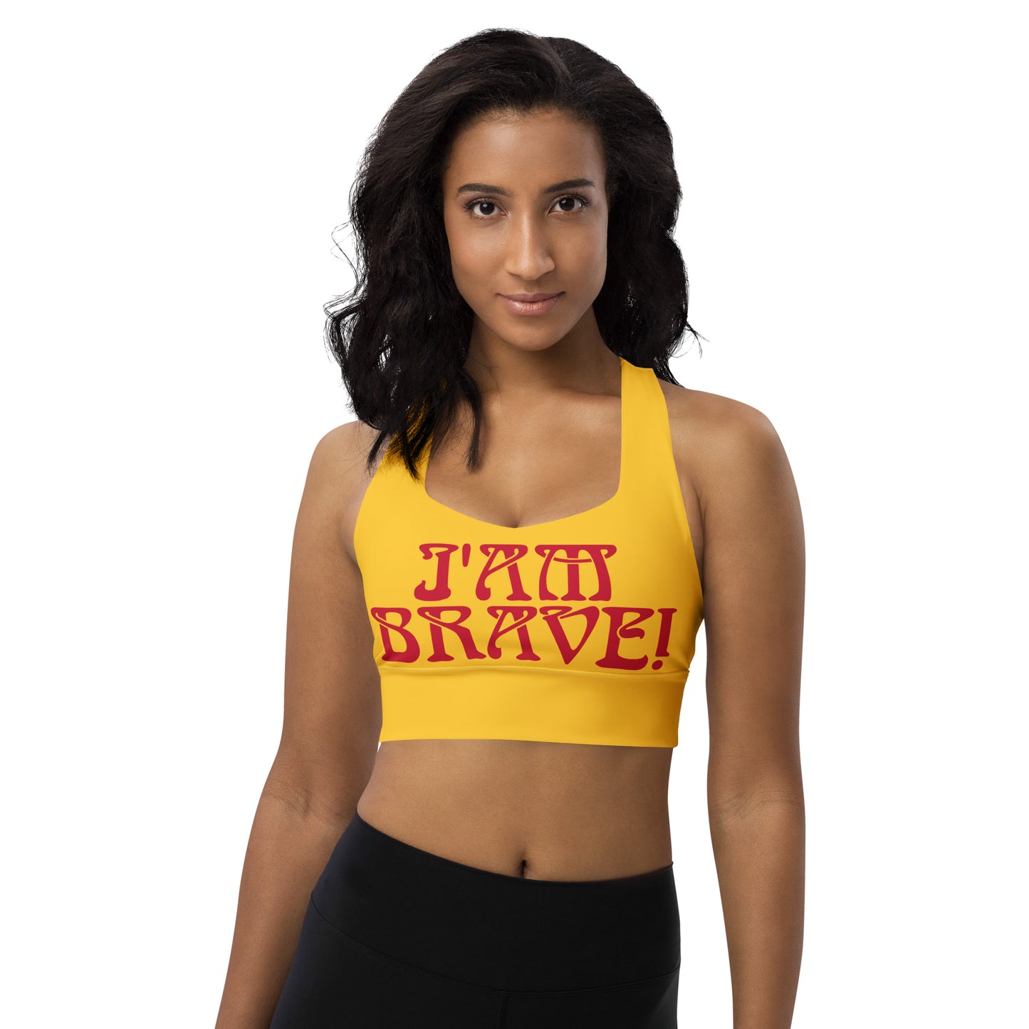 “I’AM BRAVE!” Yellow Longline Sports Bra W/Red Font