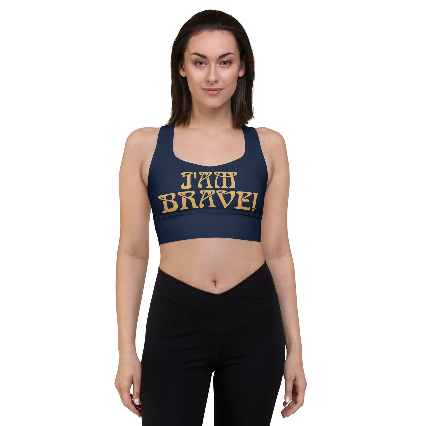 “I’AM BRAVE!” Navy Longline Sports Bra W/Fawn Font