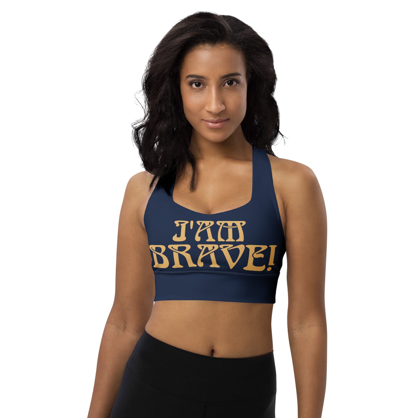 “I’AM BRAVE!” Navy Longline Sports Bra W/Fawn Font