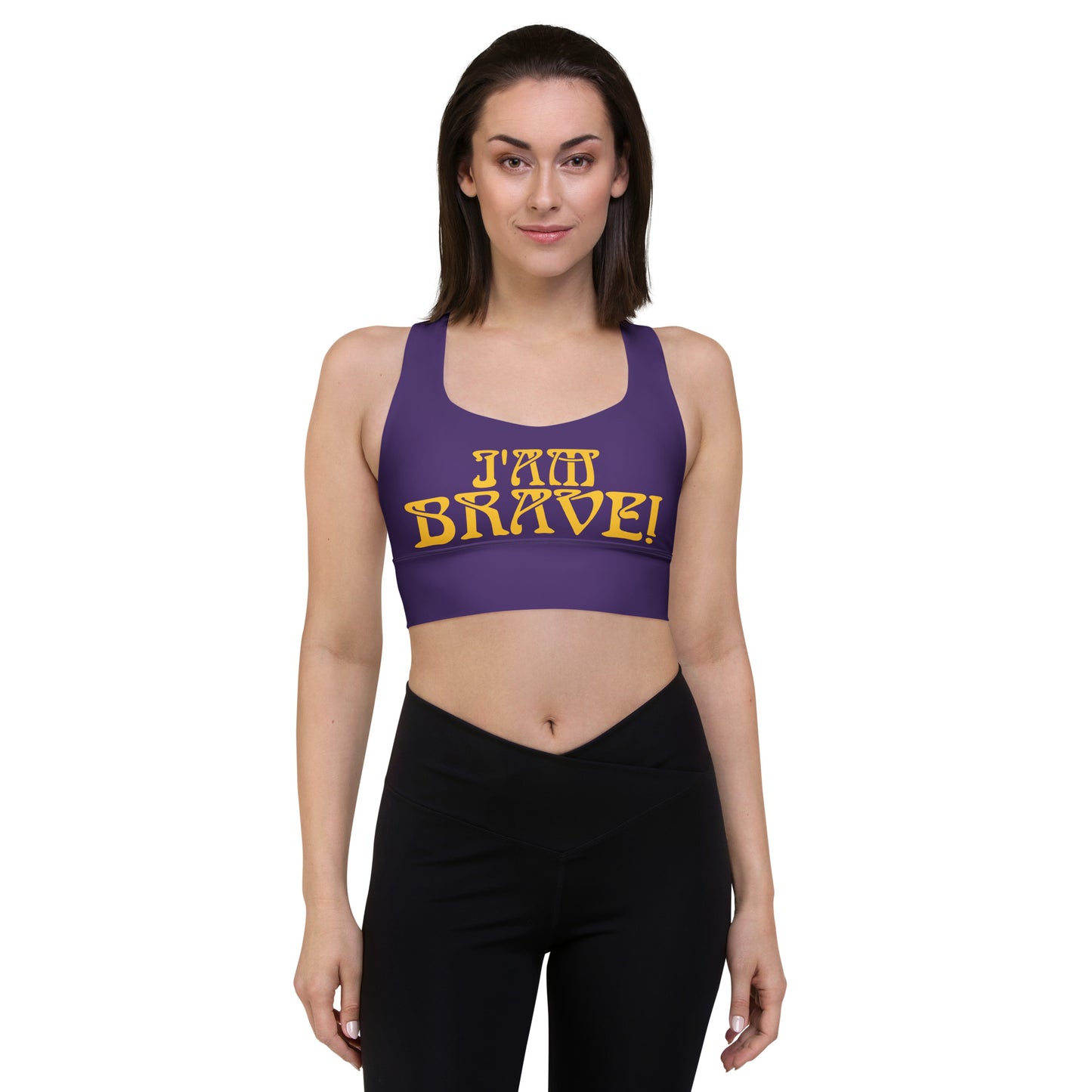 “I’AM BRAVE!” Purple Longline Sports Bra W/Yellow Font