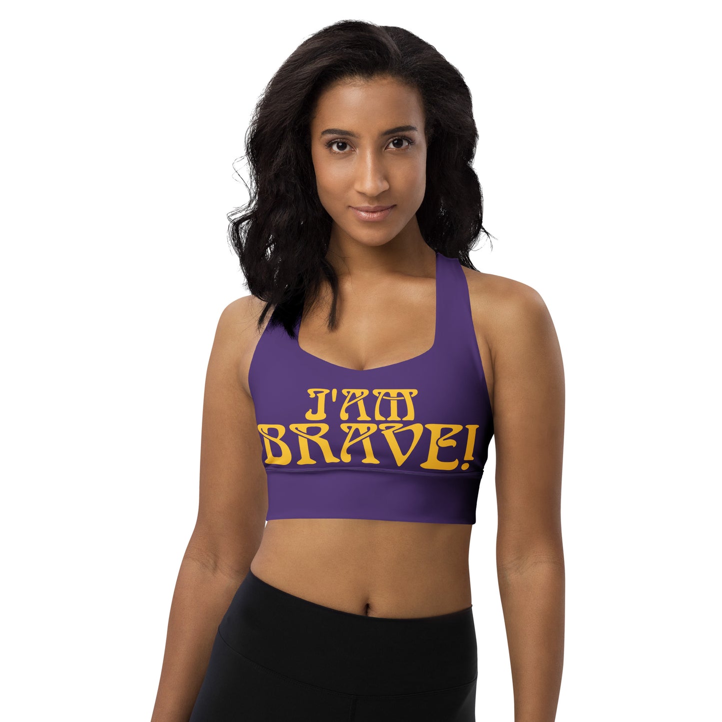 “I’AM BRAVE!” Purple Longline Sports Bra W/Yellow Font
