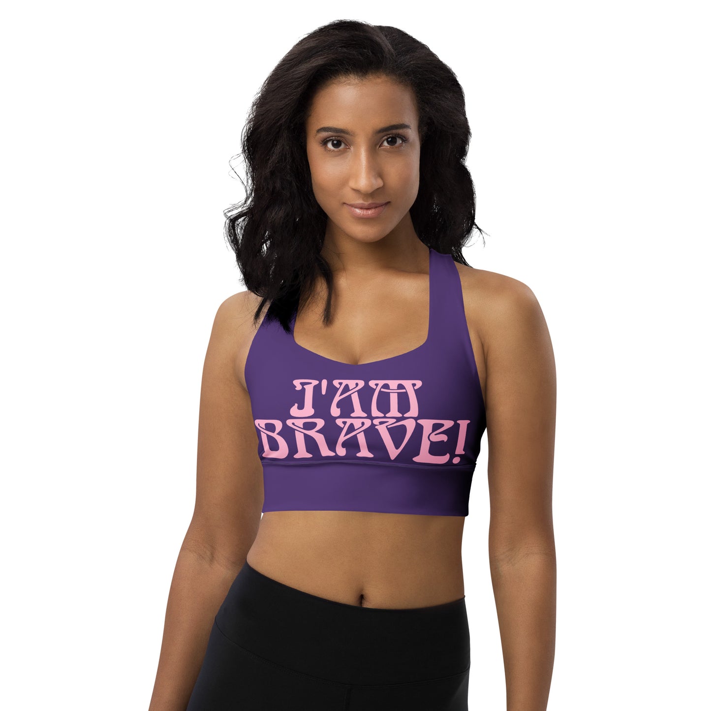 “I’AM BRAVE!” Purple Longline Sports Bra W/Cotton Candy Font