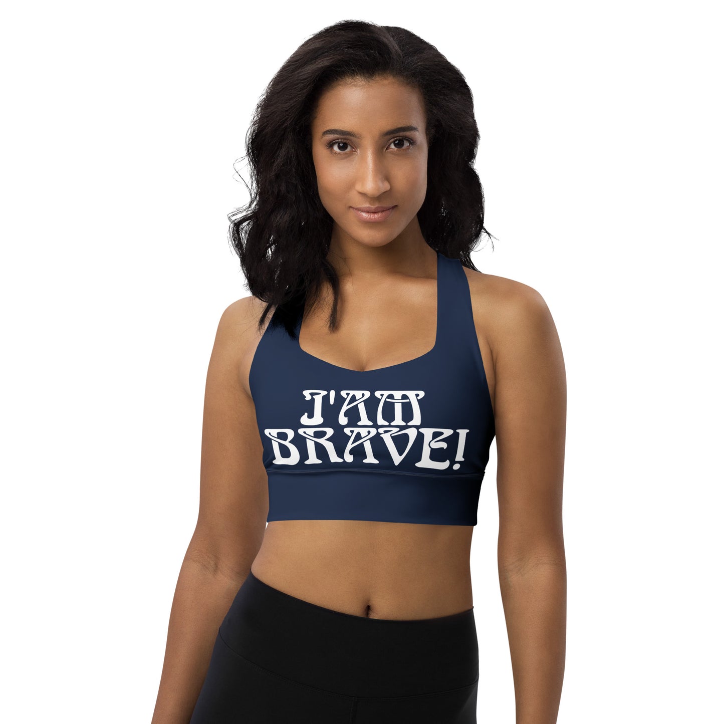 “I’AM BRAVE!” Navy Longline Sports Bra W/White Font