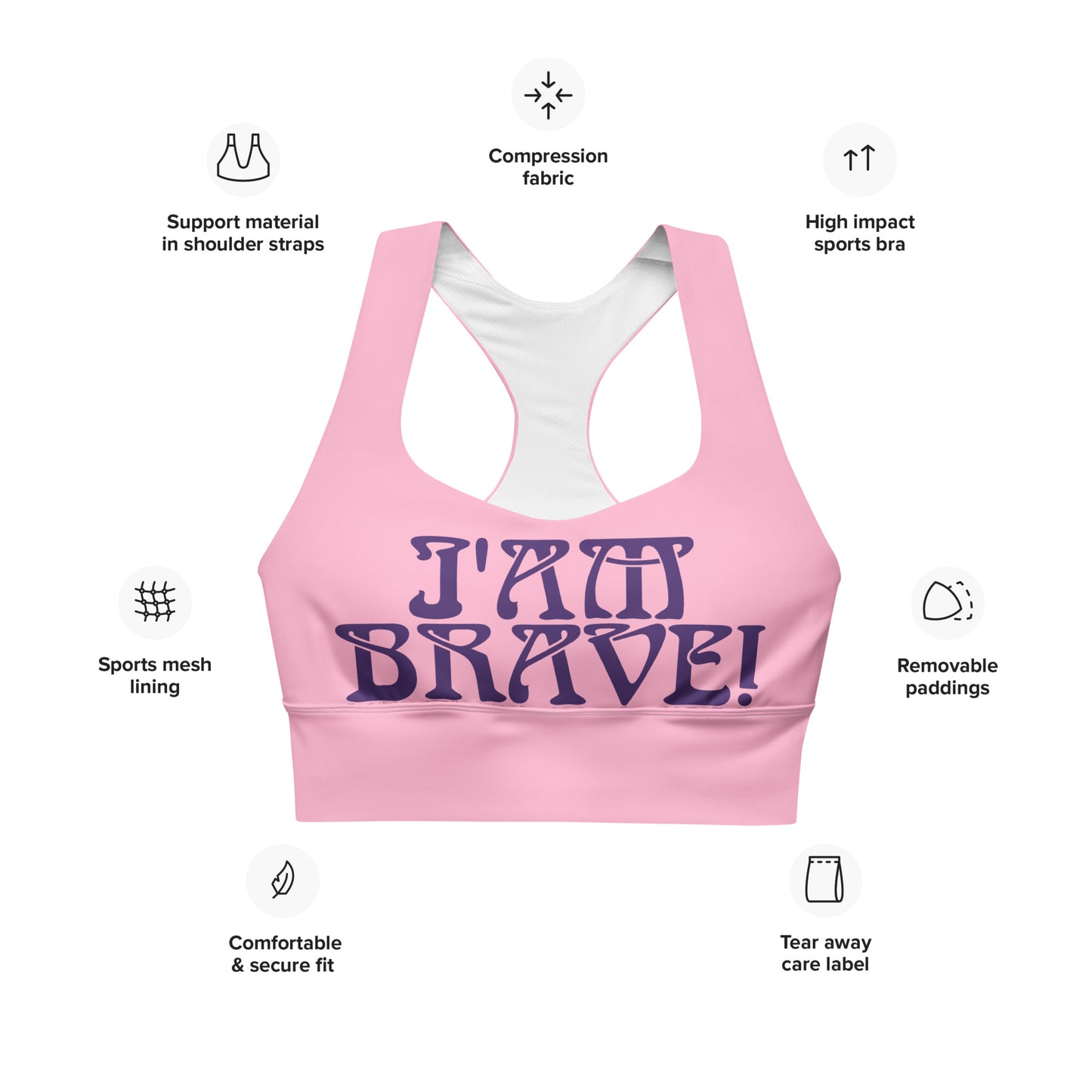 “I’AM BRAVE!” Cotton Candy Longline Sports Bra W/Purple Font