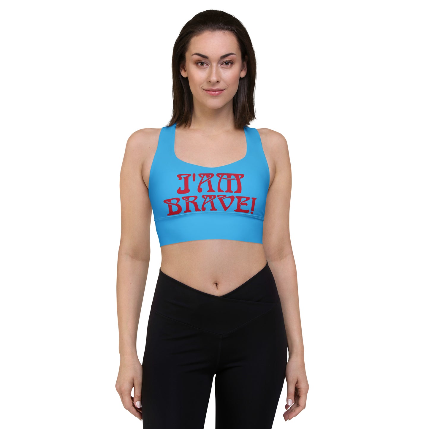 “I’AM BRAVE!” SkyBlue Longline Sports Bra W/Red Font