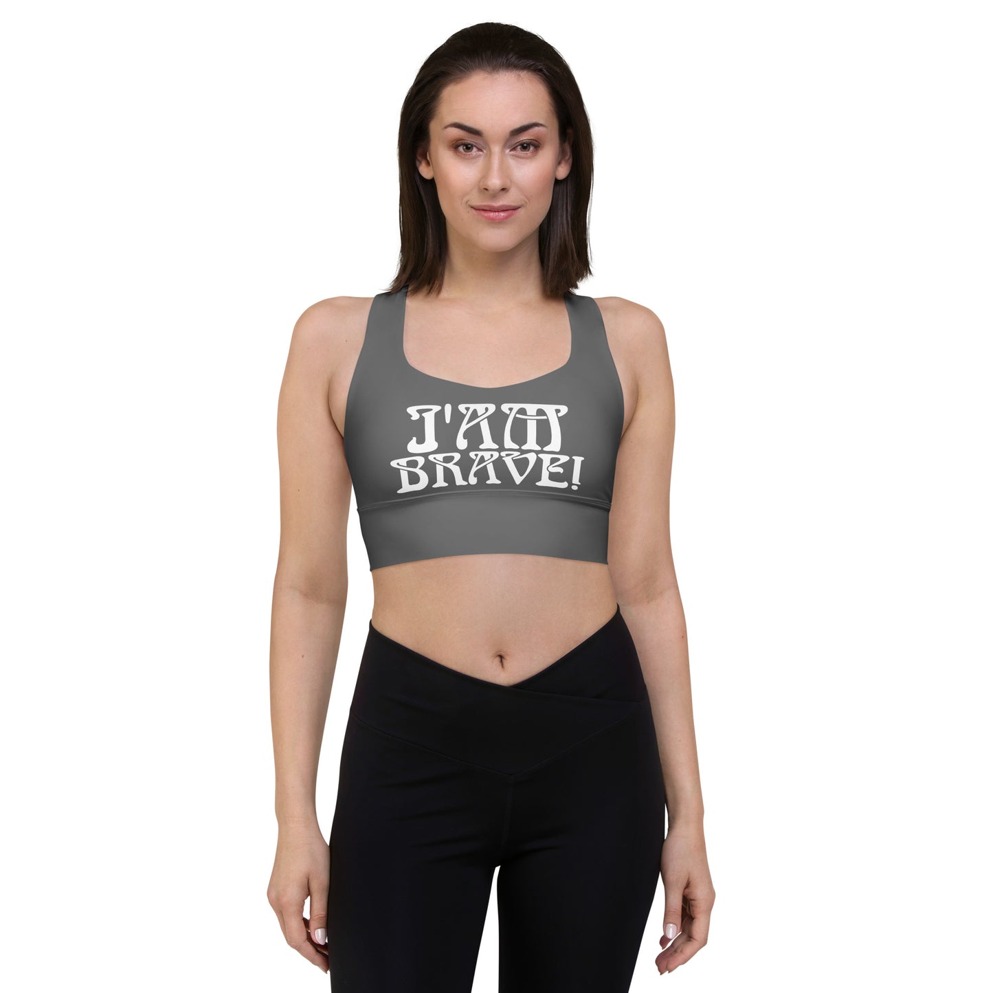 “I’AM BRAVE!” Grey Longline Sports Bra W/White Font