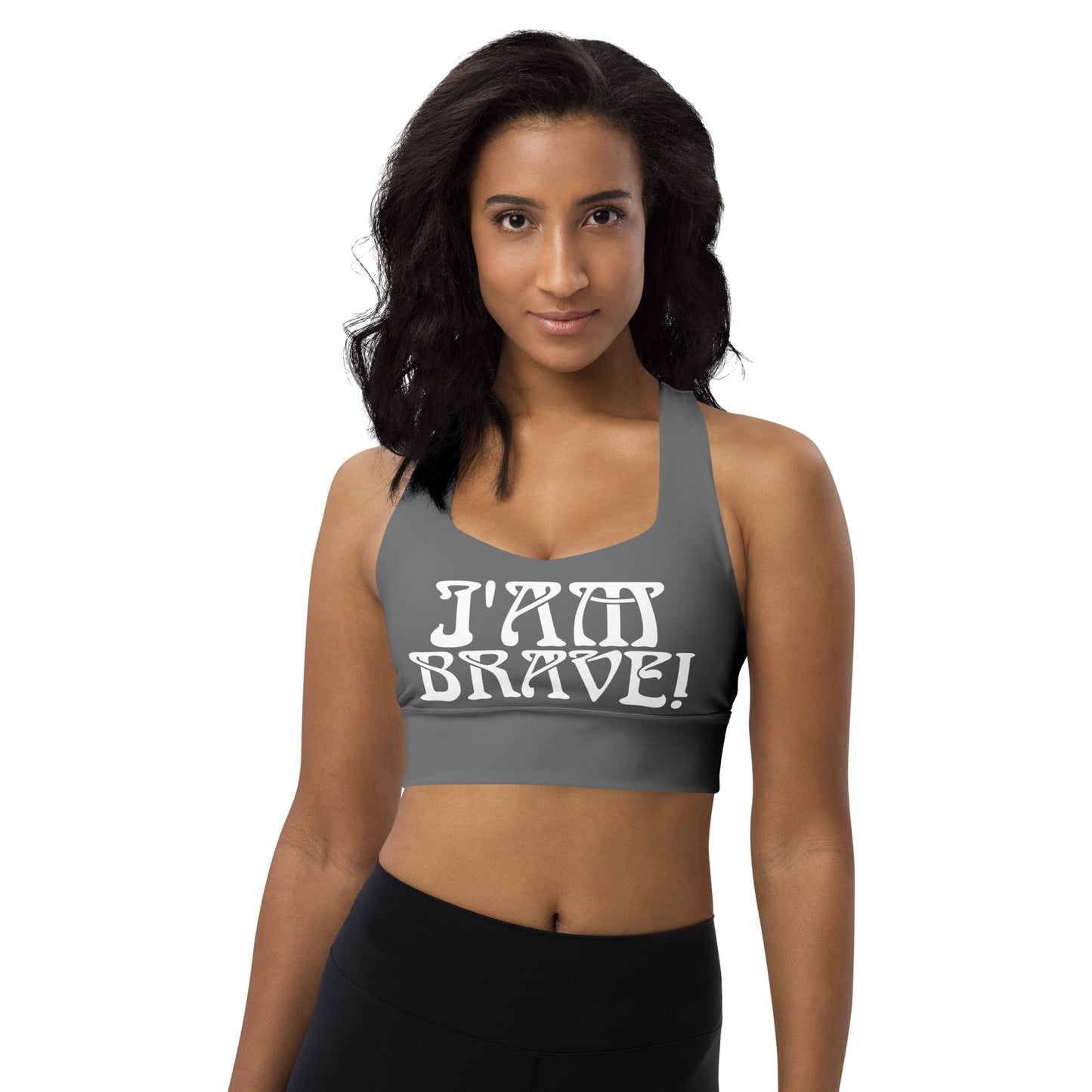 “I’AM BRAVE!” Grey Longline Sports Bra W/White Font