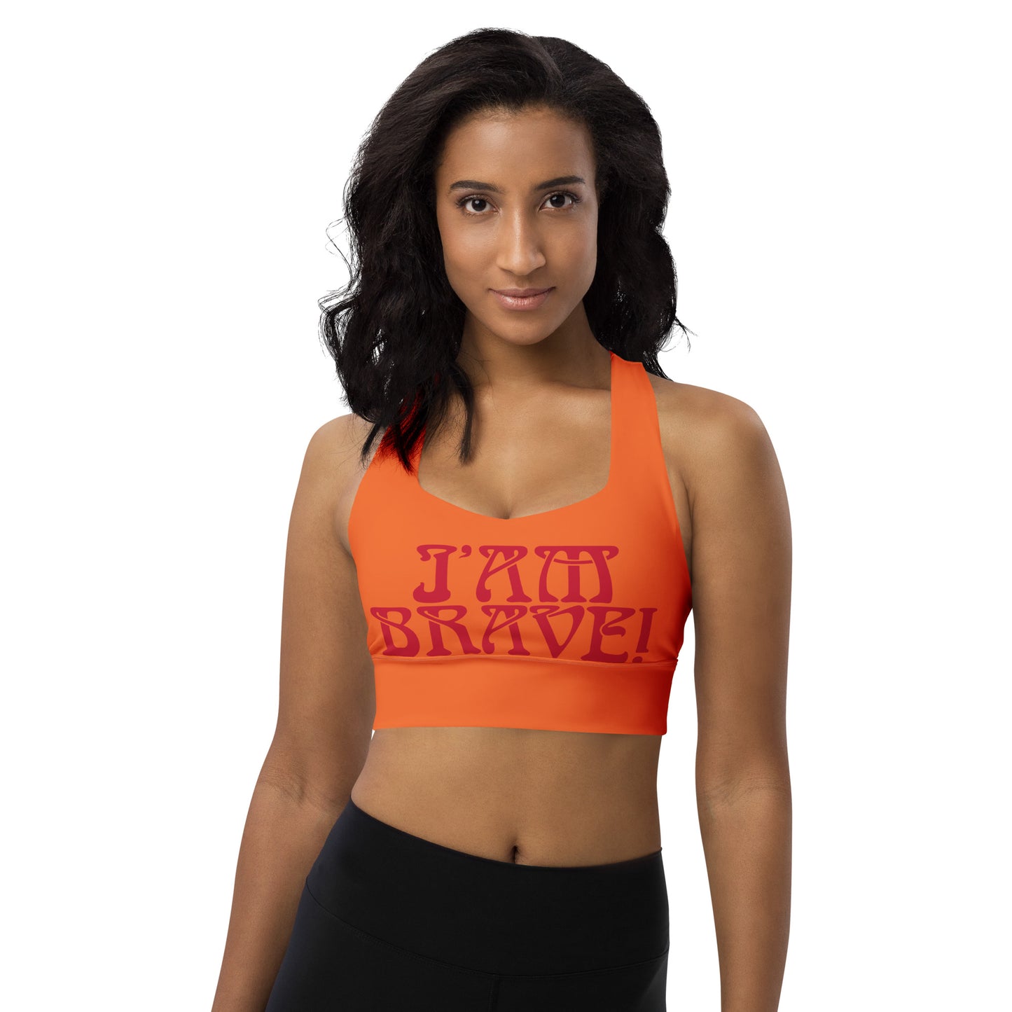 “I’AM BRAVE!” Orange Longline Sports Bra W/Red Font