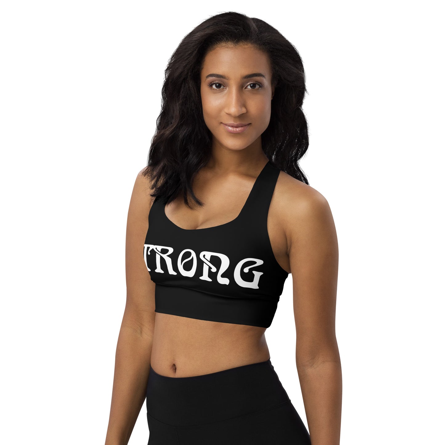 “STRONG”Black Longline Sports Bra W/White Font