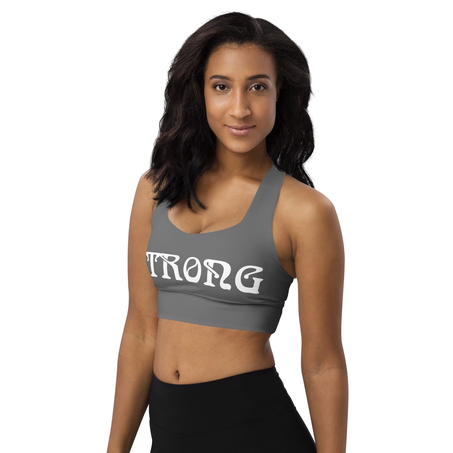 “STRONG”Grey Longline Sports Bra W/White Font