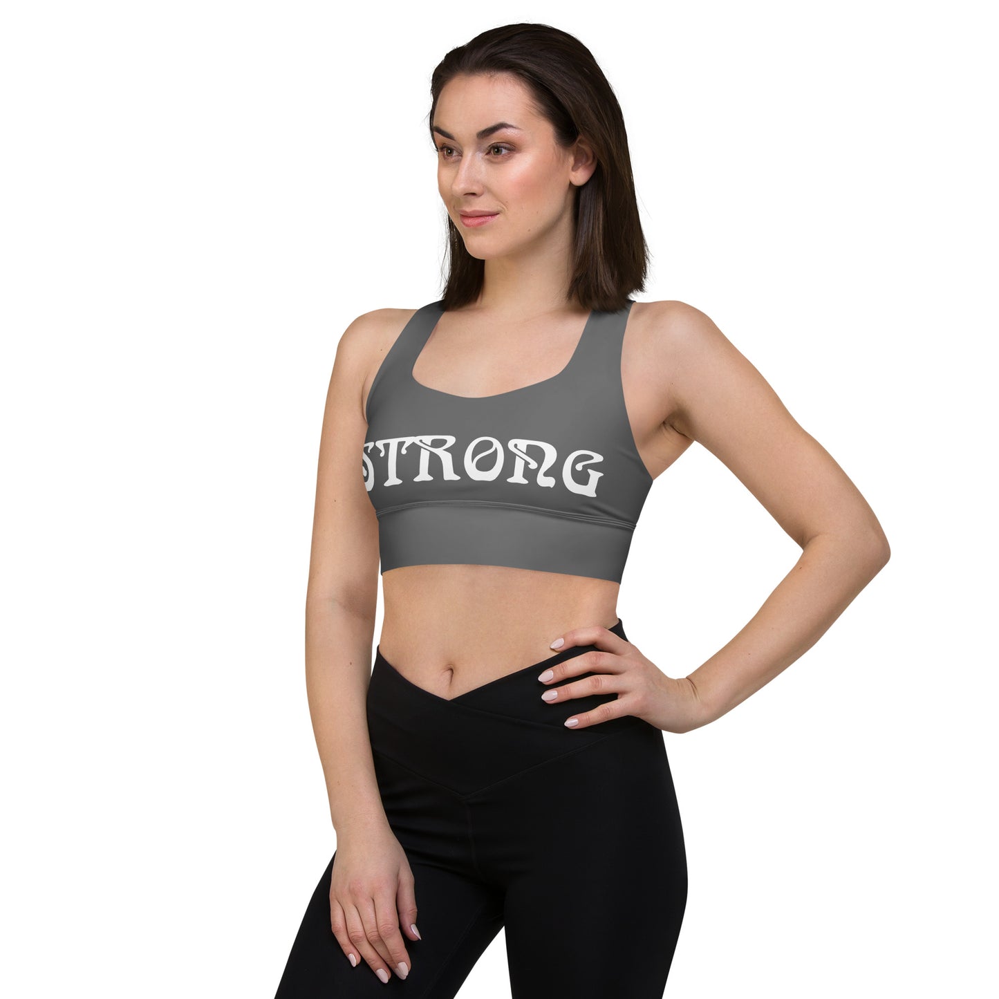“STRONG”Grey Longline Sports Bra W/White Font