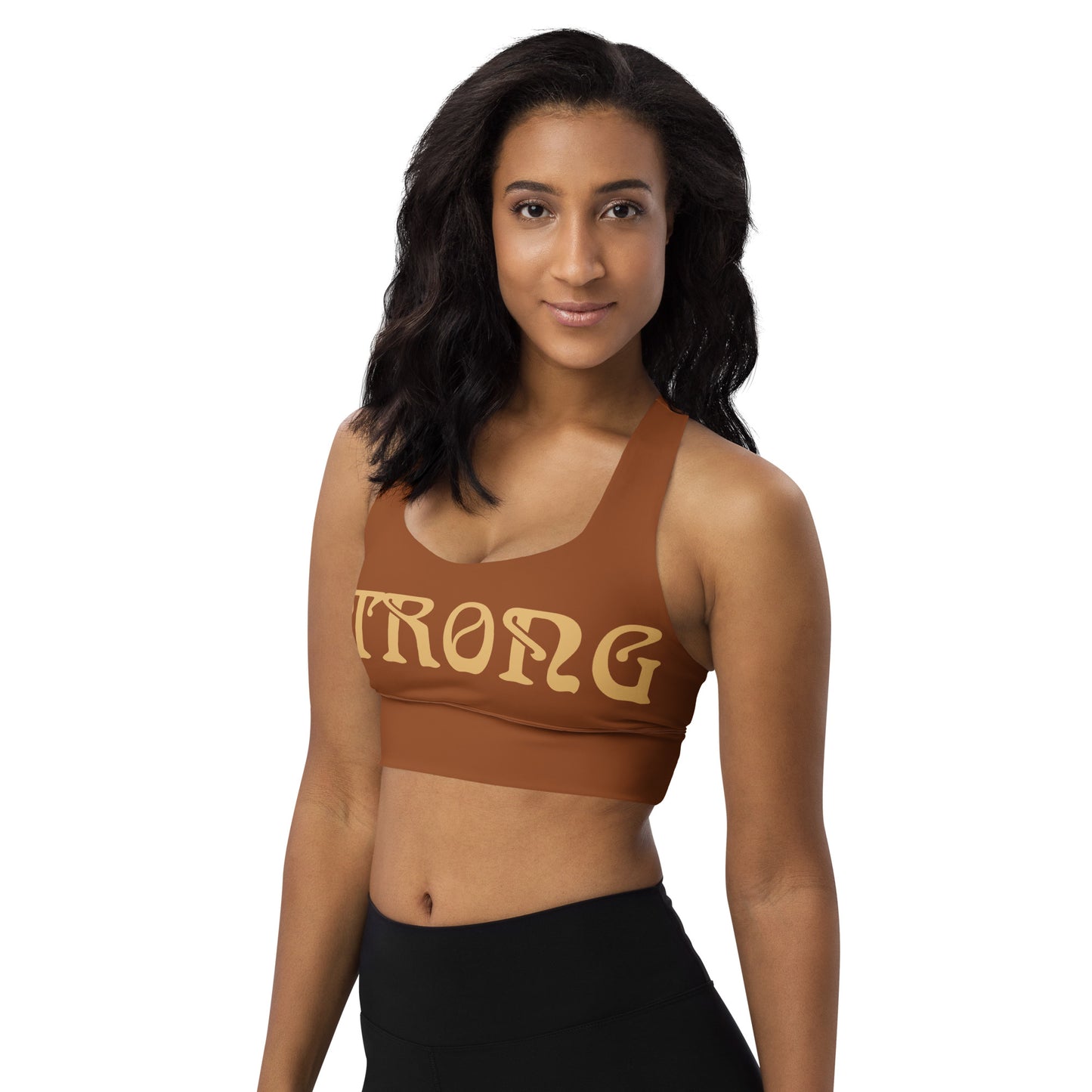 “STRONG” Brown Longline Sports Bra W/Fawn Font