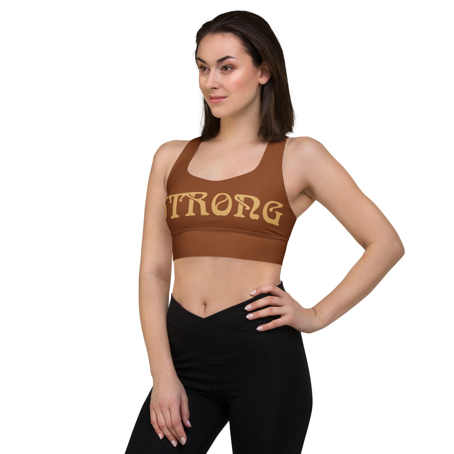 “STRONG” Brown Longline Sports Bra W/Fawn Font