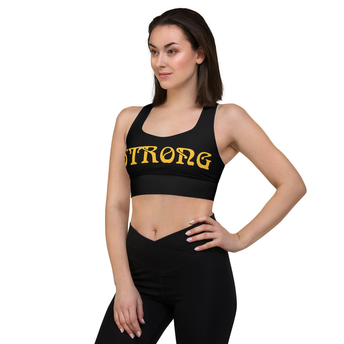“STRONG”Black Longline Sports Bra W/Yellow Font
