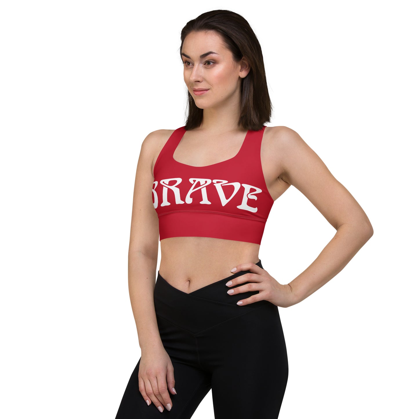 “BRAVE”Red Longline Sports Bra W/White Font