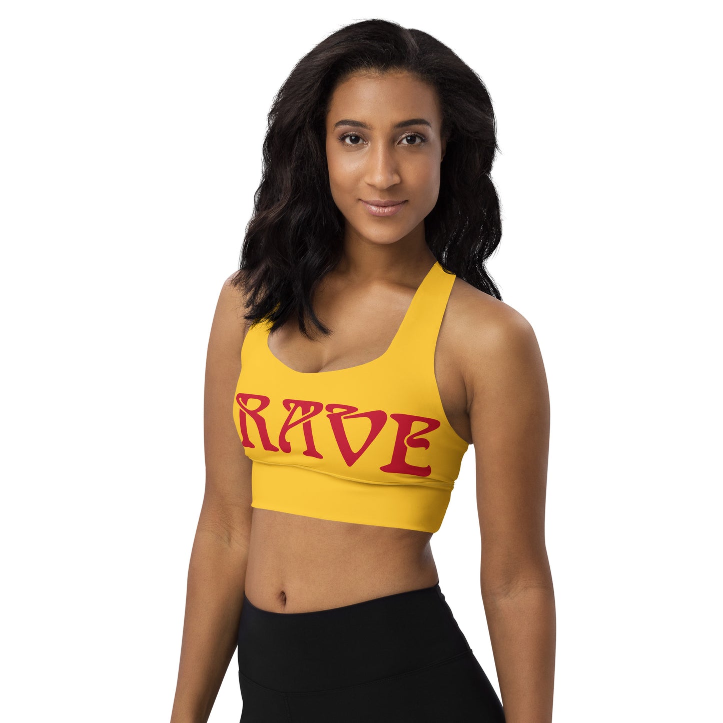 “BRAVE”Yellow Longline Sports Bra W/Red Font