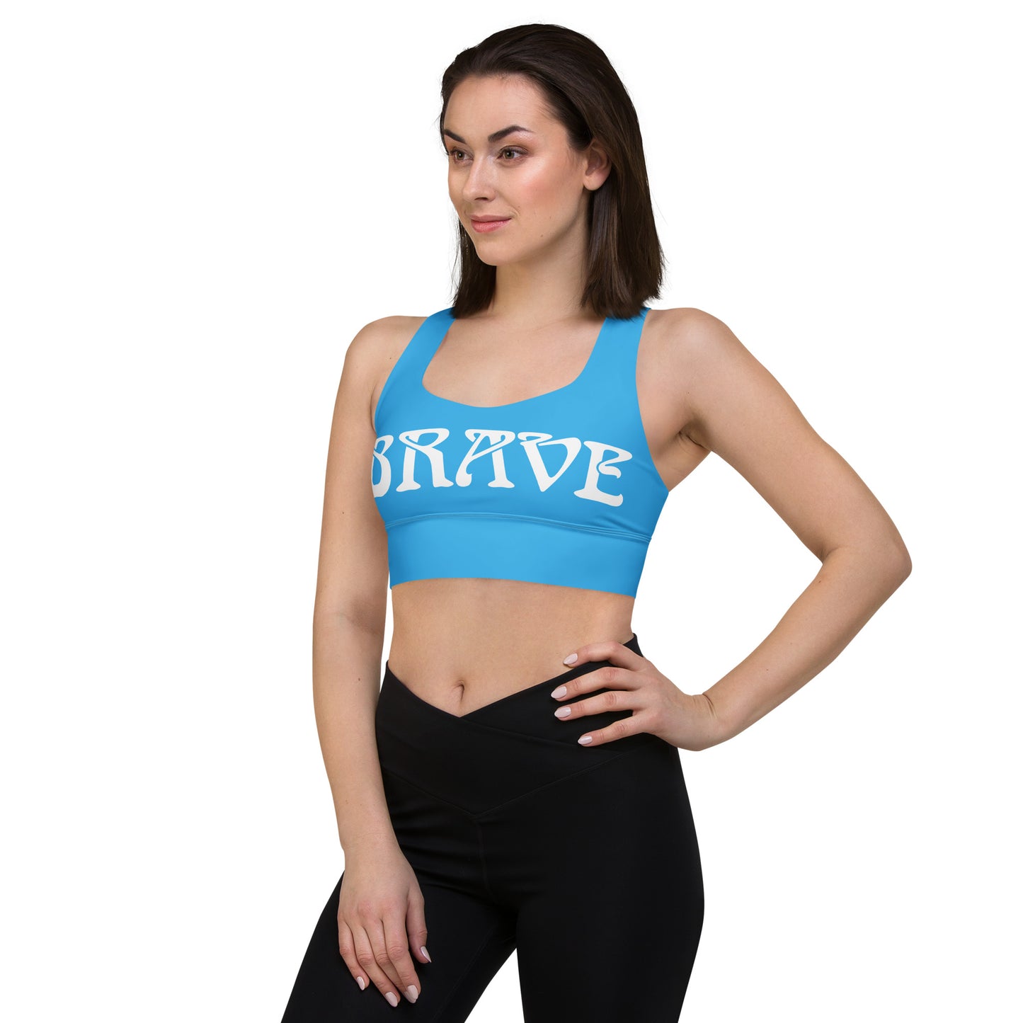 “BRAVE” SkyBlue Longline Sports Bra W/White Font