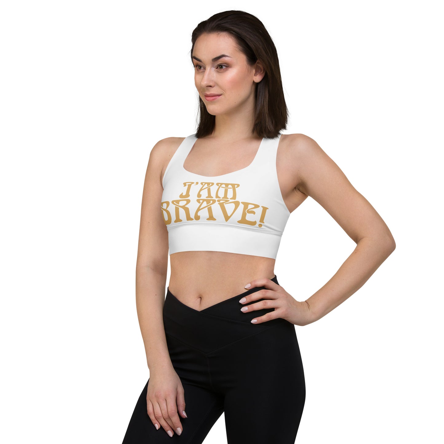 “I’AM BRAVE!” White Longline Sports Bra W/Fawn Font