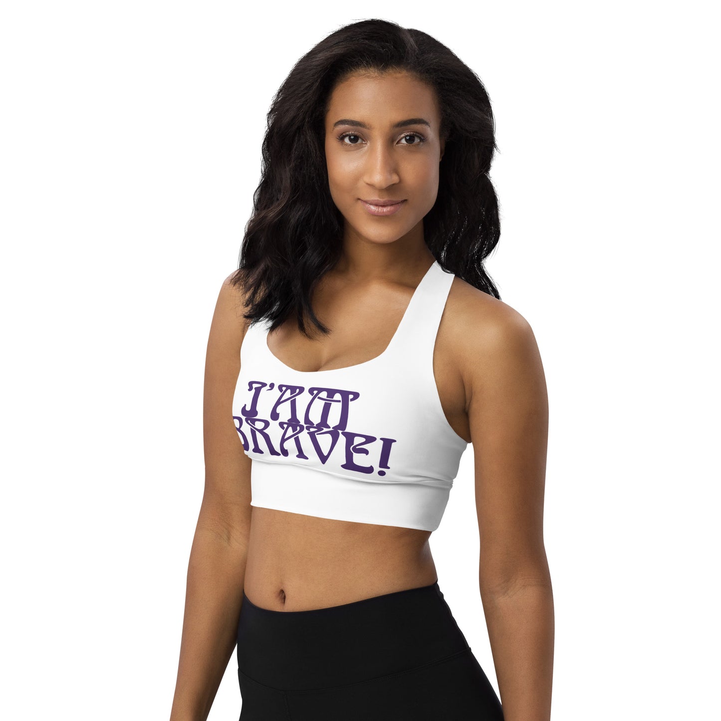 “I’AM BRAVE!” White Longline Sports Bra W/Purple Font