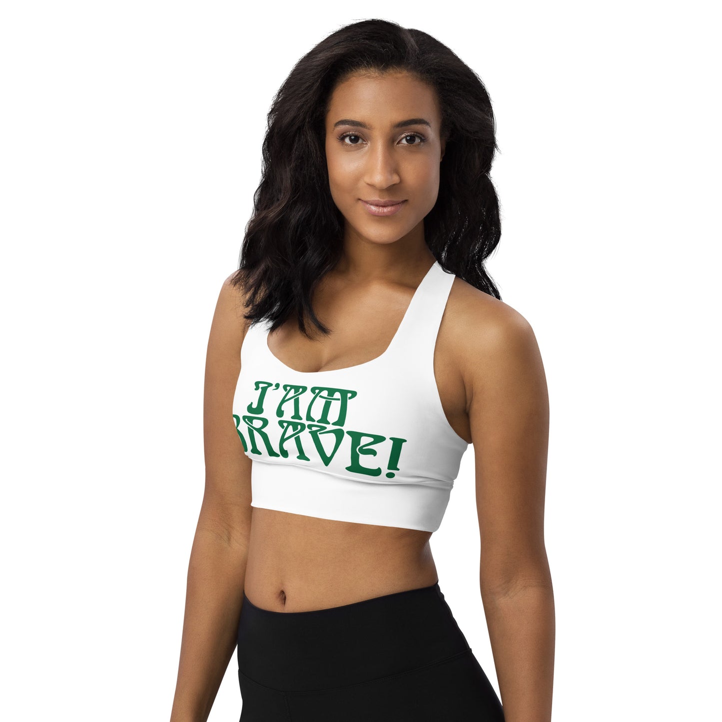 “I’AM BRAVE!” White Longline Sports Bra W/Green Font
