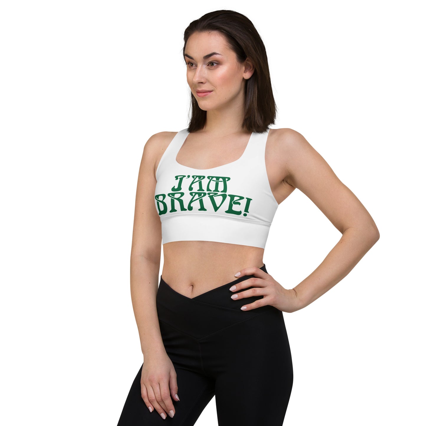 “I’AM BRAVE!” White Longline Sports Bra W/Green Font