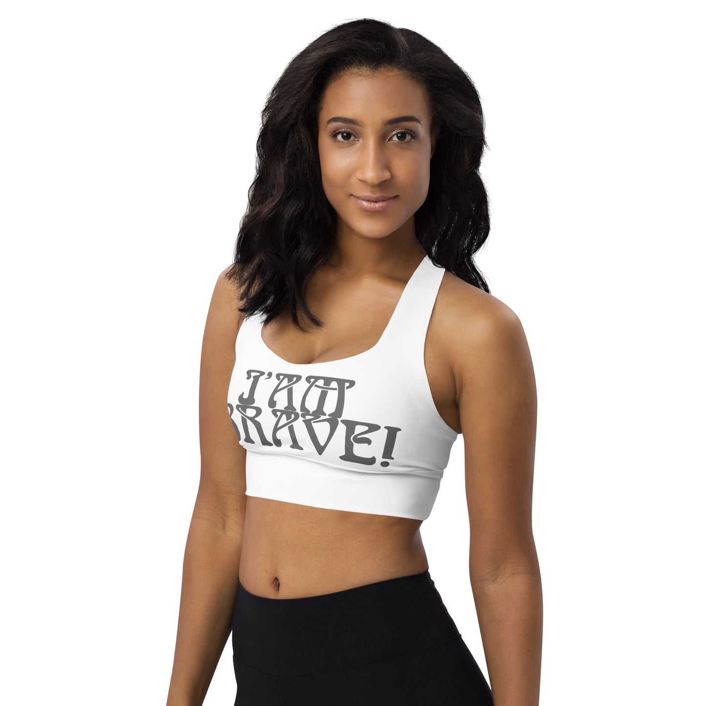 “I’AM BRAVE!” White Longline Sports Bra W/Grey Font