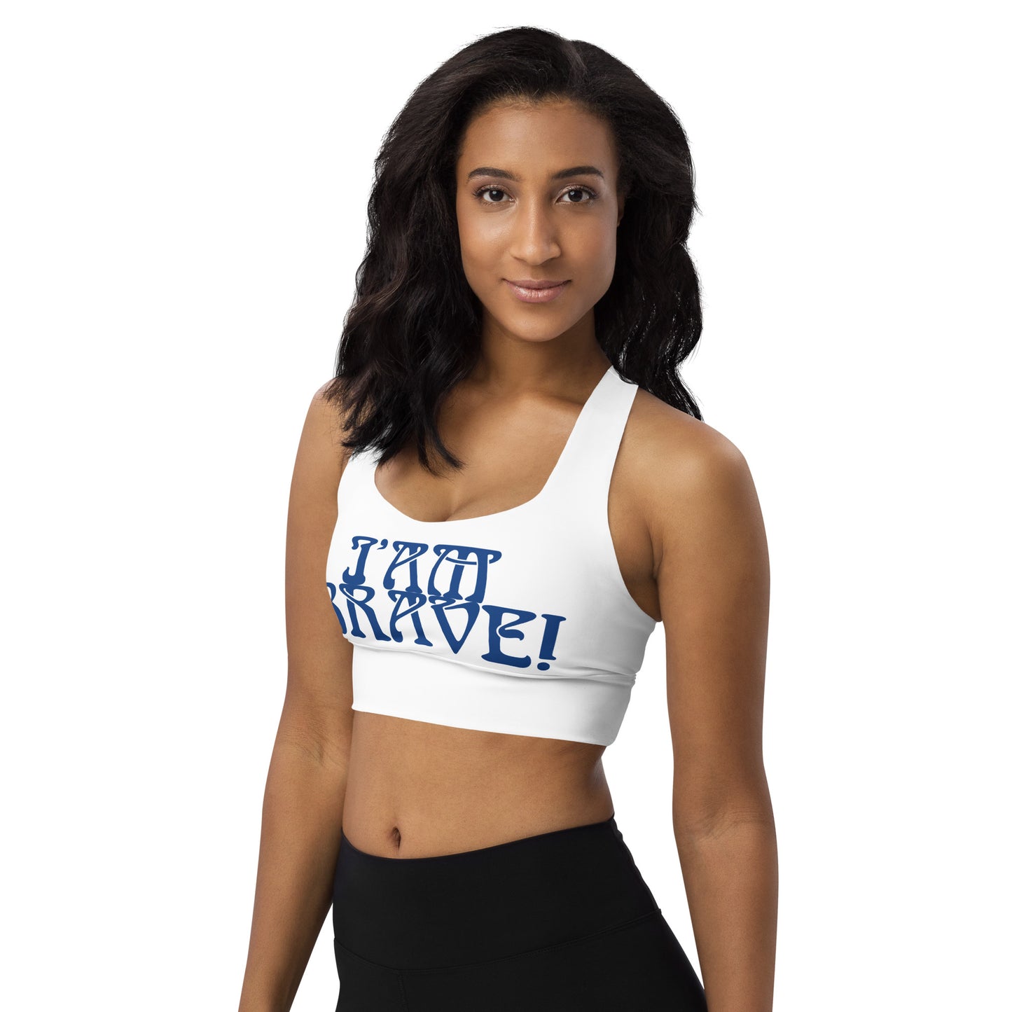 “I’AM BRAVE!” White Longline Sports Bra W/Blue Font