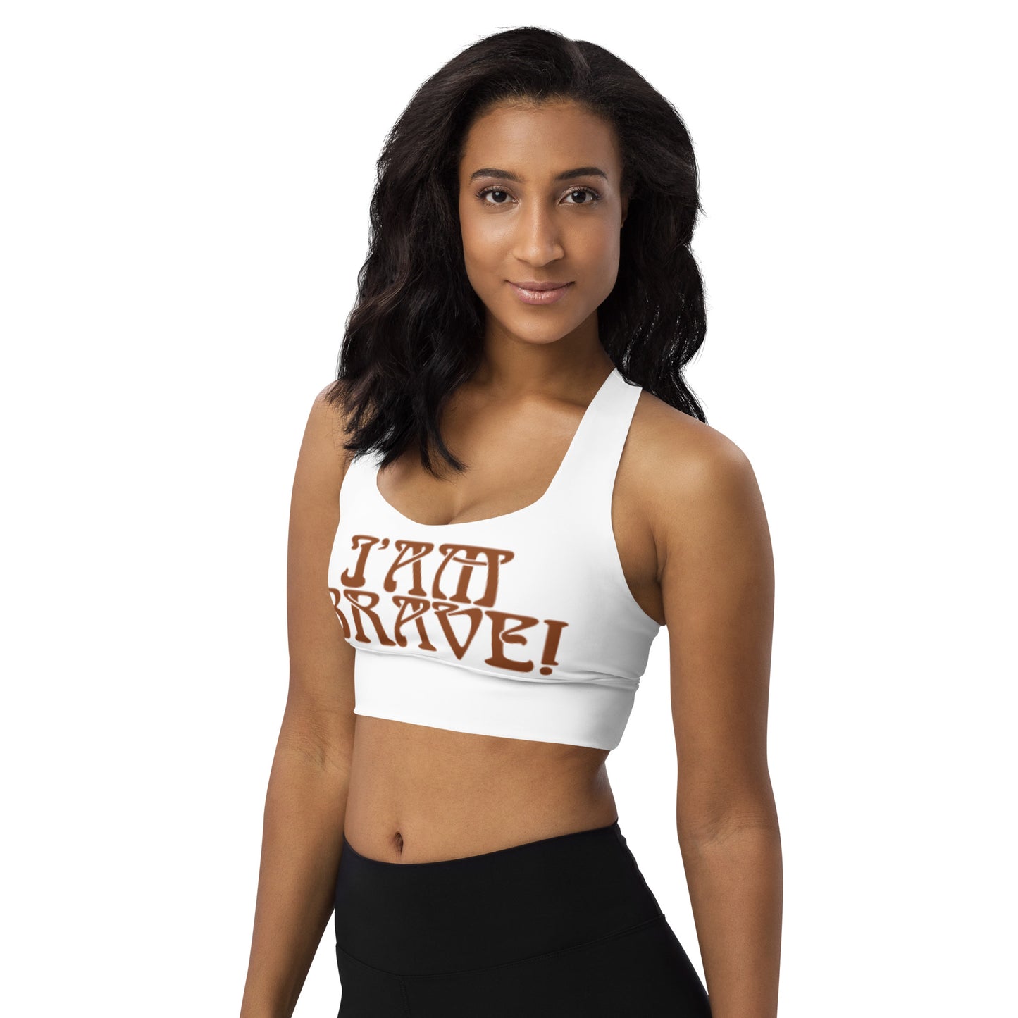 “I’AM BRAVE!” White Longline Sports Bra W/Brown Font