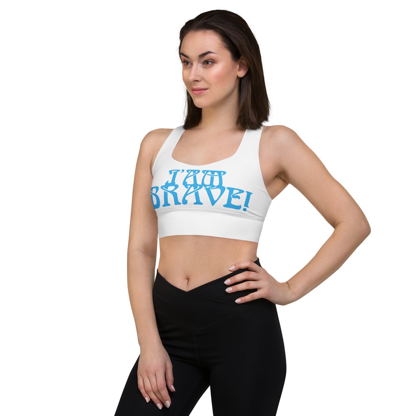 “I’AM BRAVE!” White Longline Sports Bra W/SkyBlue Font