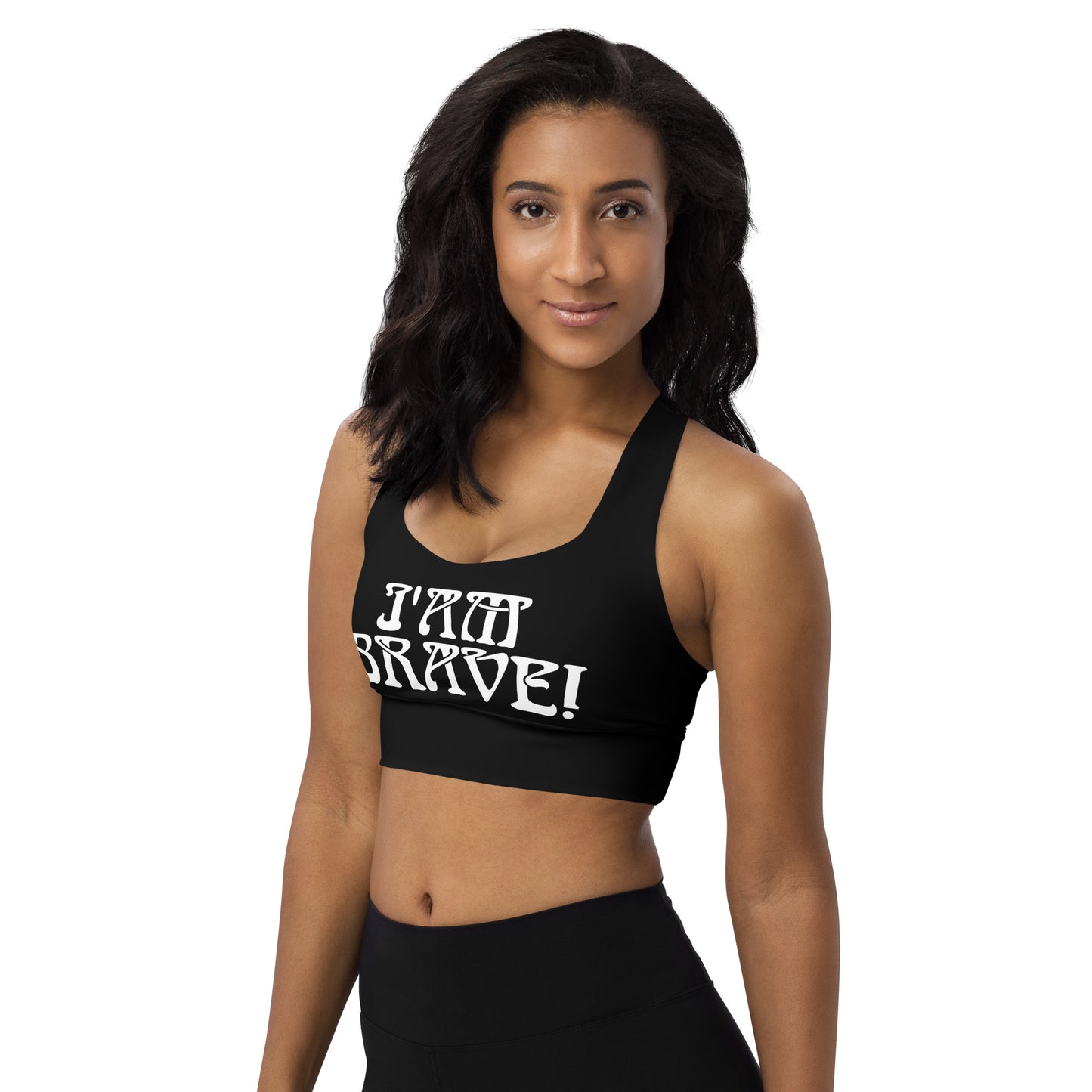 “I’AM BRAVE!” Black Longline Sports Bra W/White Font