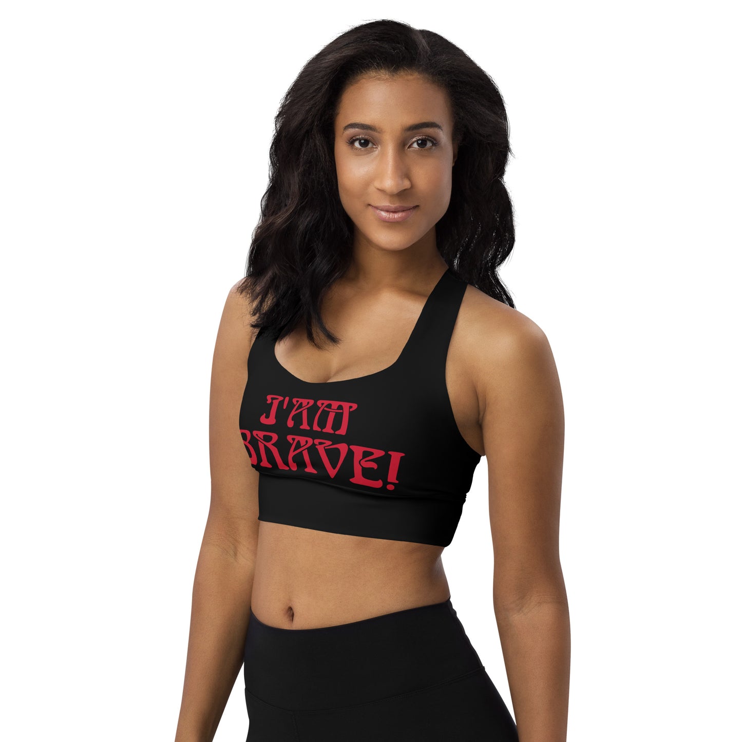 “I’AM BRAVE! Black Longline Sports Bra W/Red Font