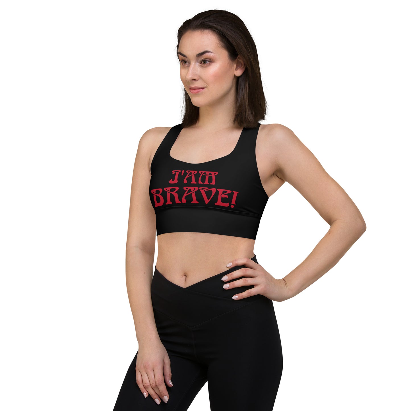 “I’AM BRAVE! Black Longline Sports Bra W/Red Font
