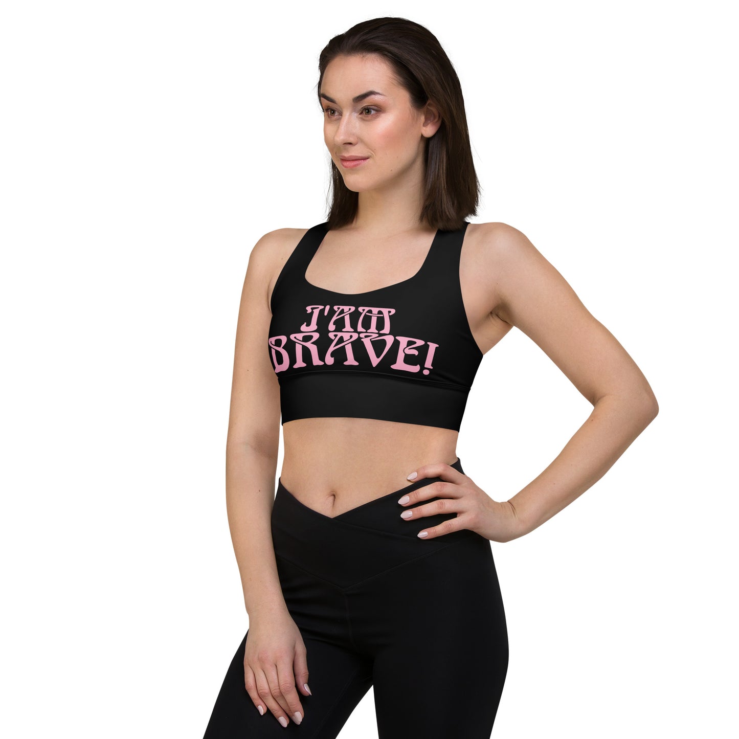“I’AM BRAVE!” Black Longline Sports Bra W/Cotton Candy Font