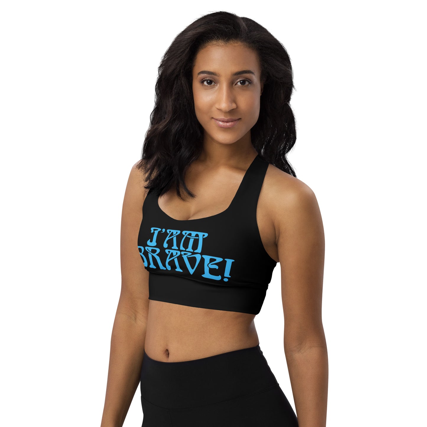 “I’AM BRAVE!” Black Longline Sports Bra W/SkyBlue Font