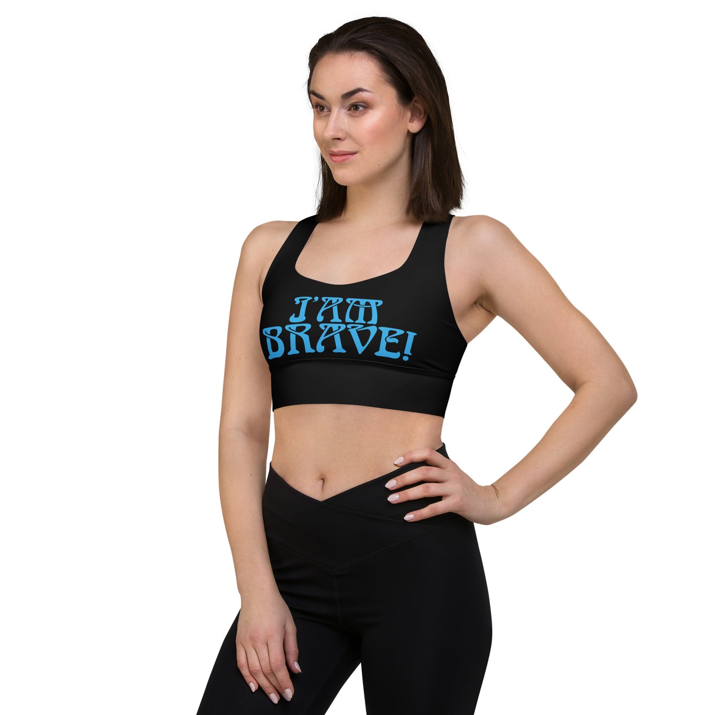 “I’AM BRAVE!” Black Longline Sports Bra W/SkyBlue Font