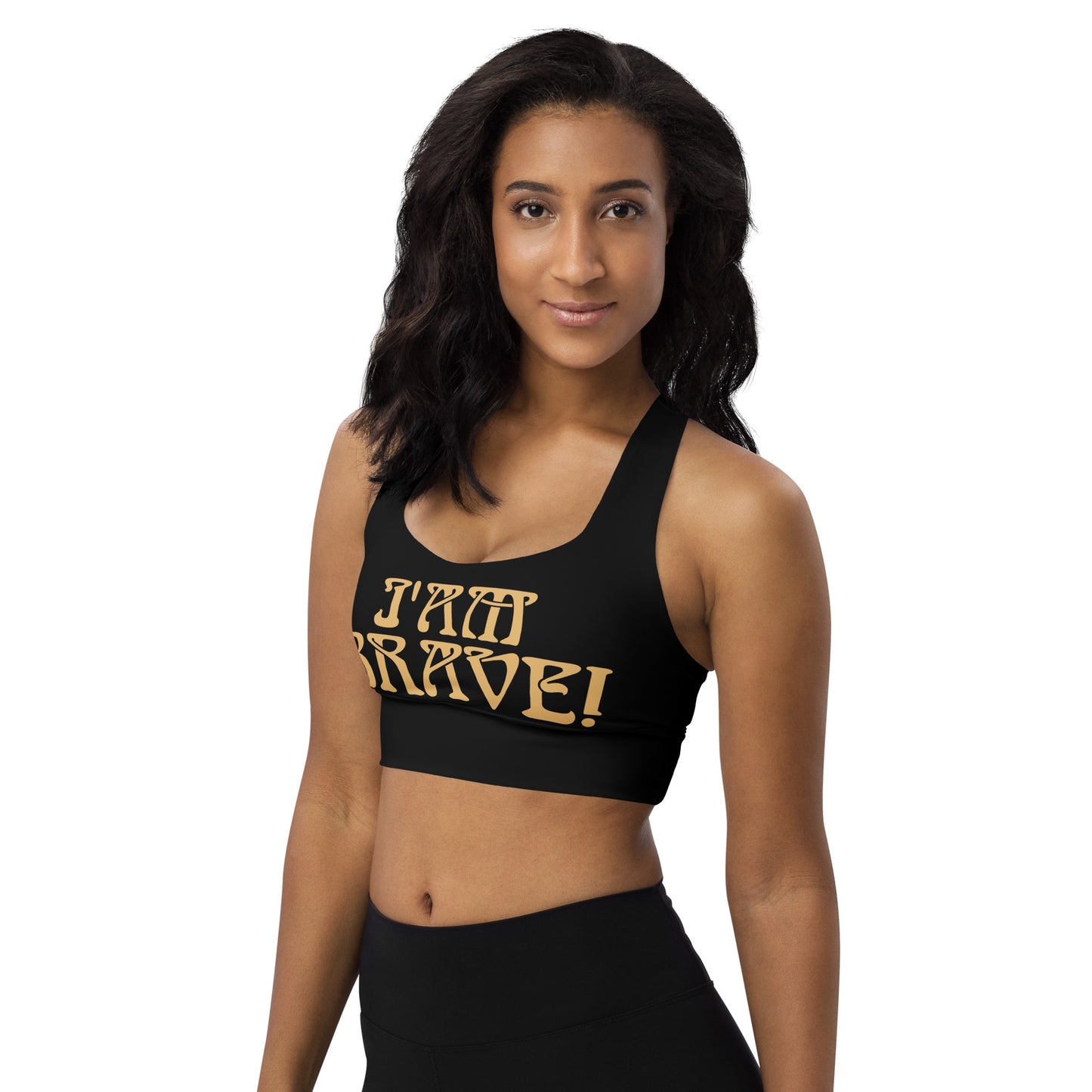 “I’AM BRAVE!” Black Longline Sports Bra W/Fawn Font
