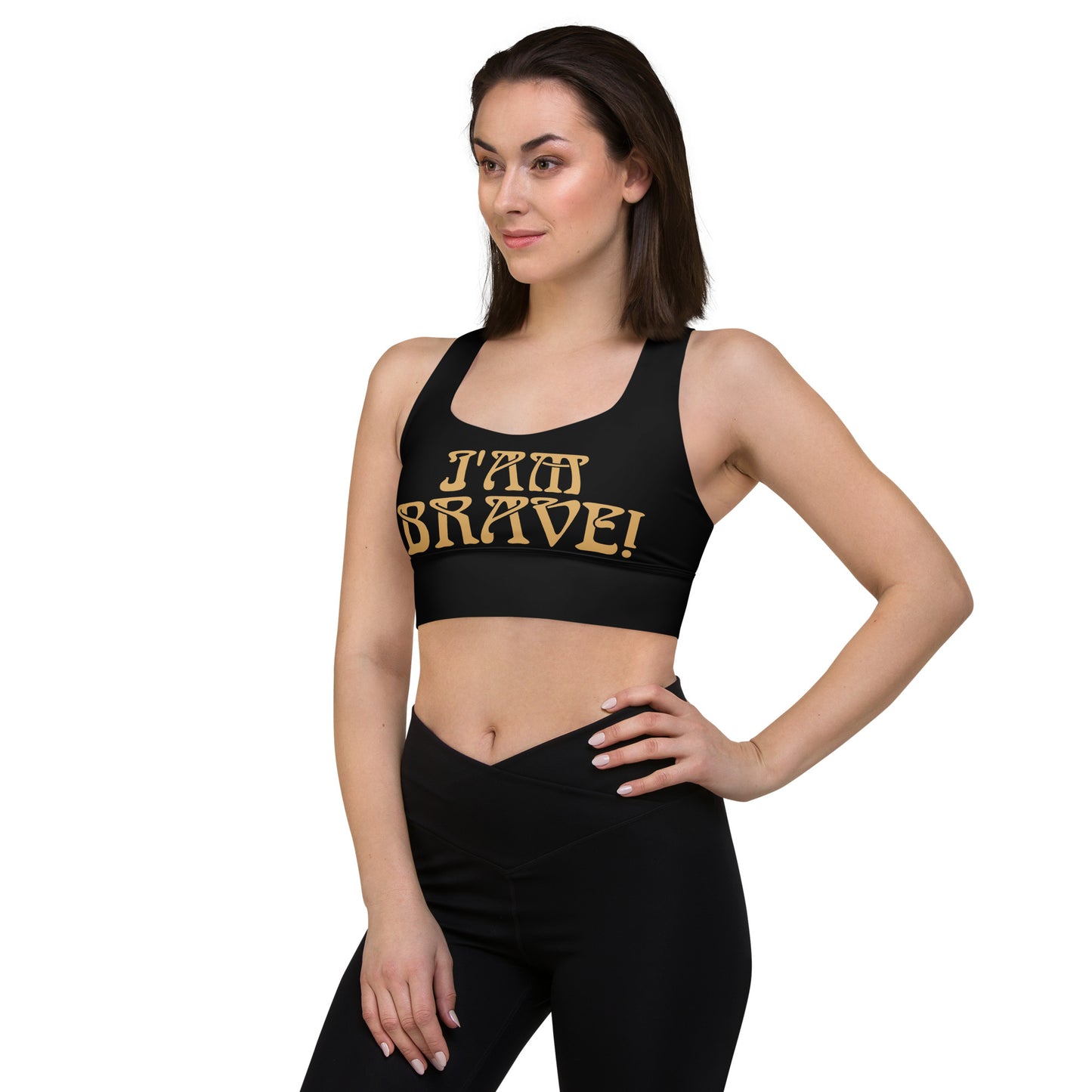 “I’AM BRAVE!” Black Longline Sports Bra W/Fawn Font