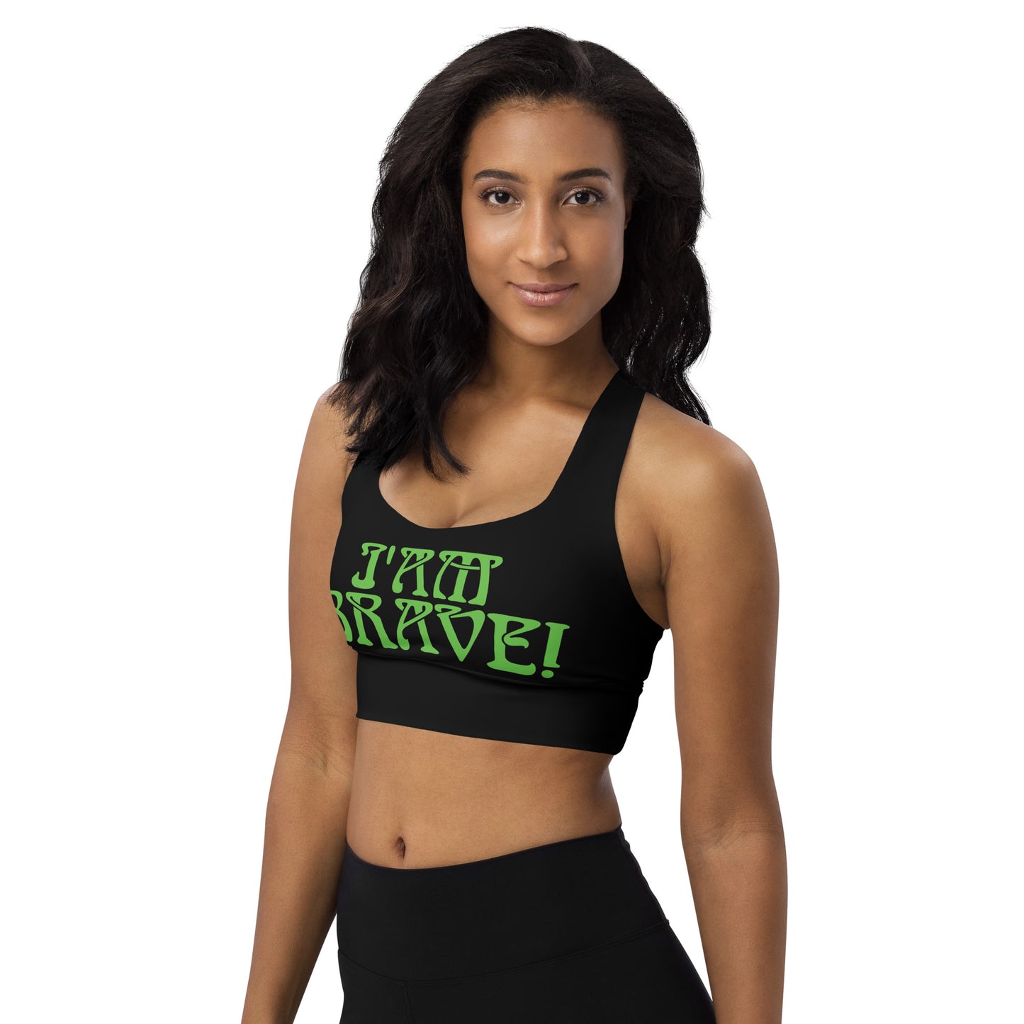 “I’AM BRAVE!” Black Longline Sports Bra W/Green Font